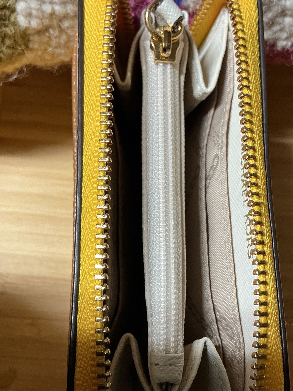 Michael Kors Yellow Pebbled Leather Zip Card Wallet with Brown and Cream Stripes - Picture 6 of 8